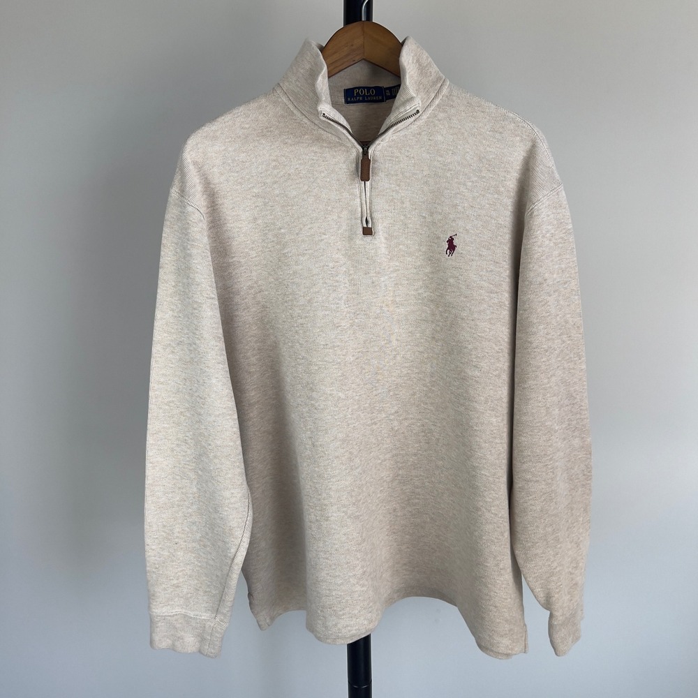 Polo Ralph Lauren Mens XL Oatmeal Heather Quarter Zip Pullover Sweater Pony Logo